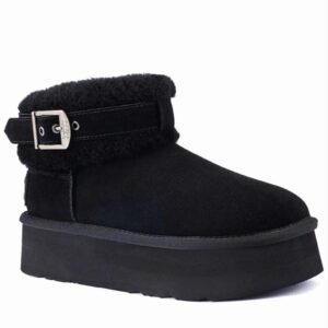 black platform buckle mini boots