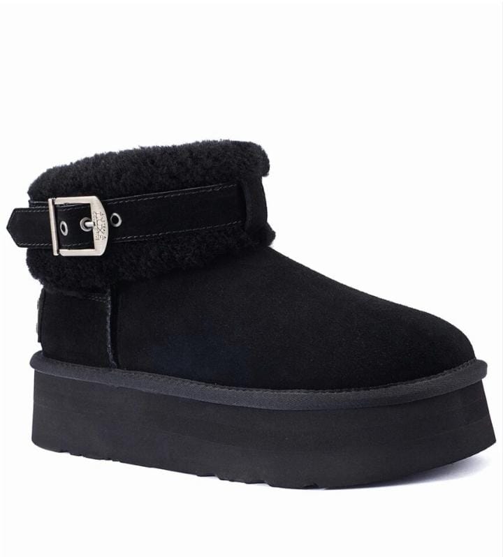 black platform buckle mini boots